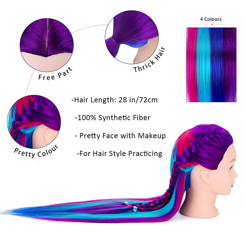 MYSWEETY 28" Mannequin Head With Hair - Styling Training Manikin Cosmetology Doll Synthetic Fiber Hair, Table Clamp & Braiding Kit - Purple - Image 4